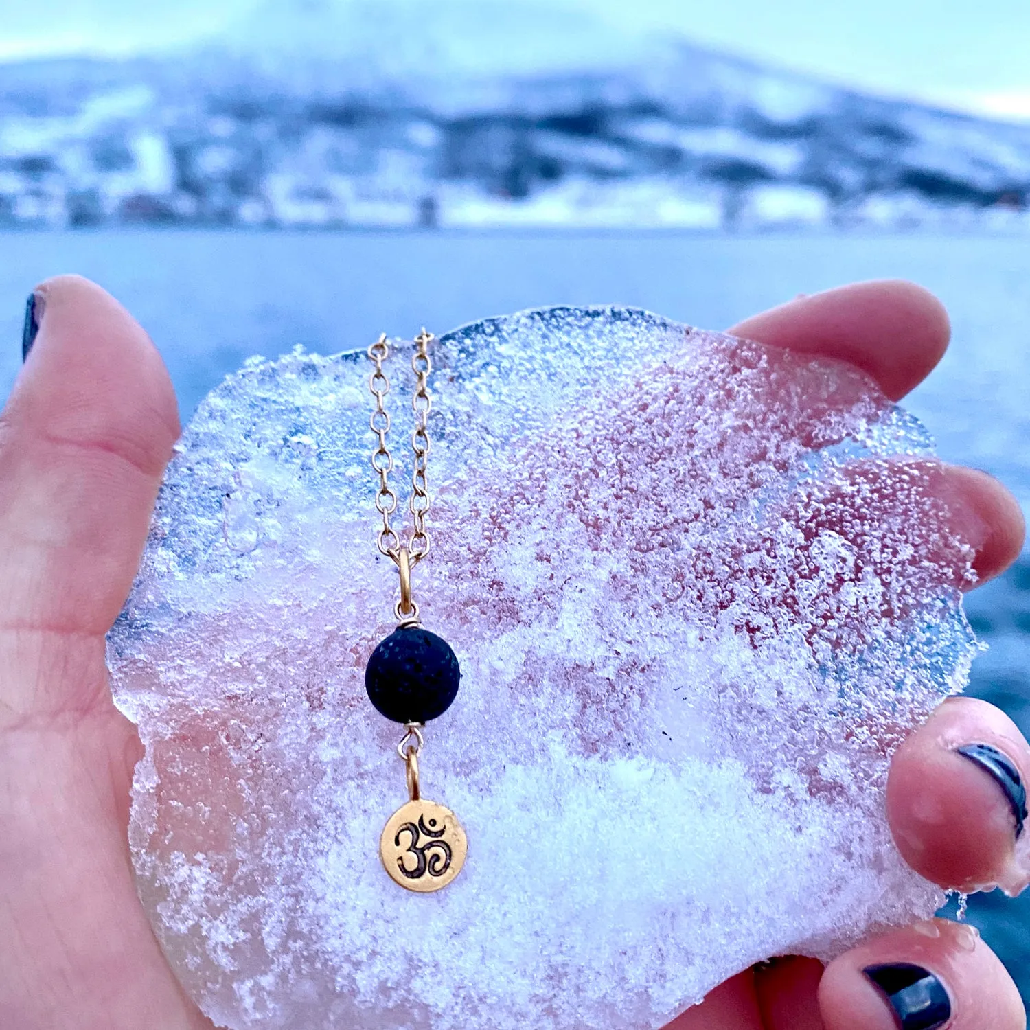 Yoga Inspired Gold Ohm Necklace with Lava Stone to Hear the Sound of the Universe