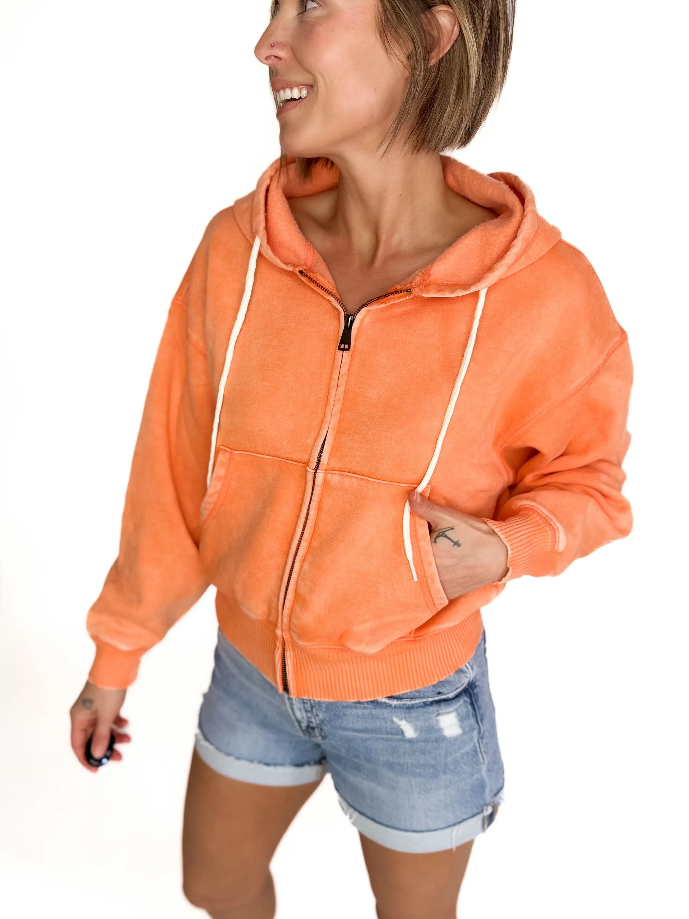 Zaylie Washed Waist Length Full Zip- CORAL