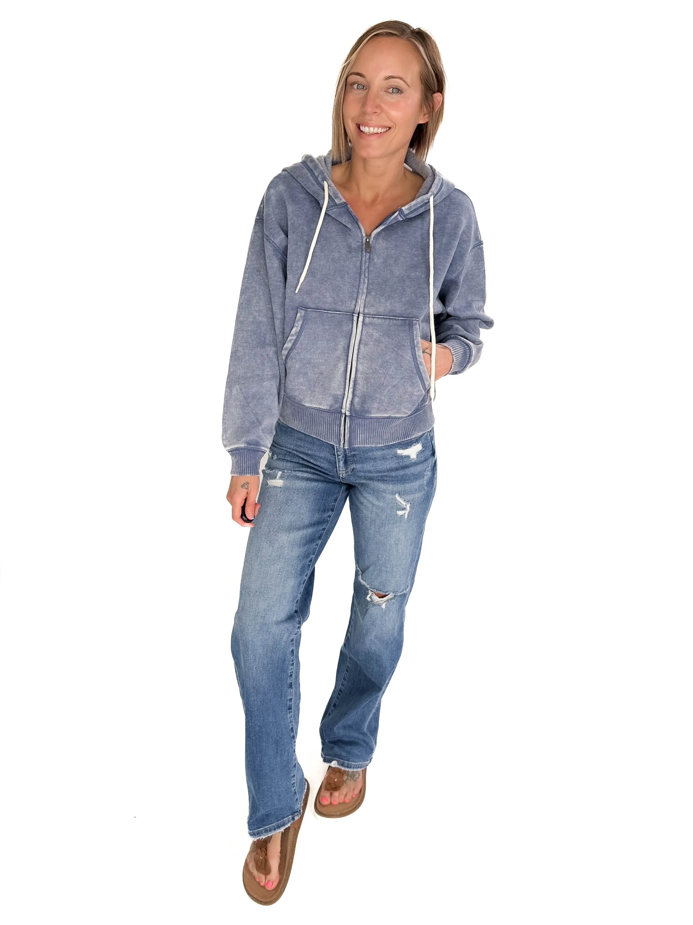 Zaylie Washed Waist Length Full Zip- DUSTY BLUE