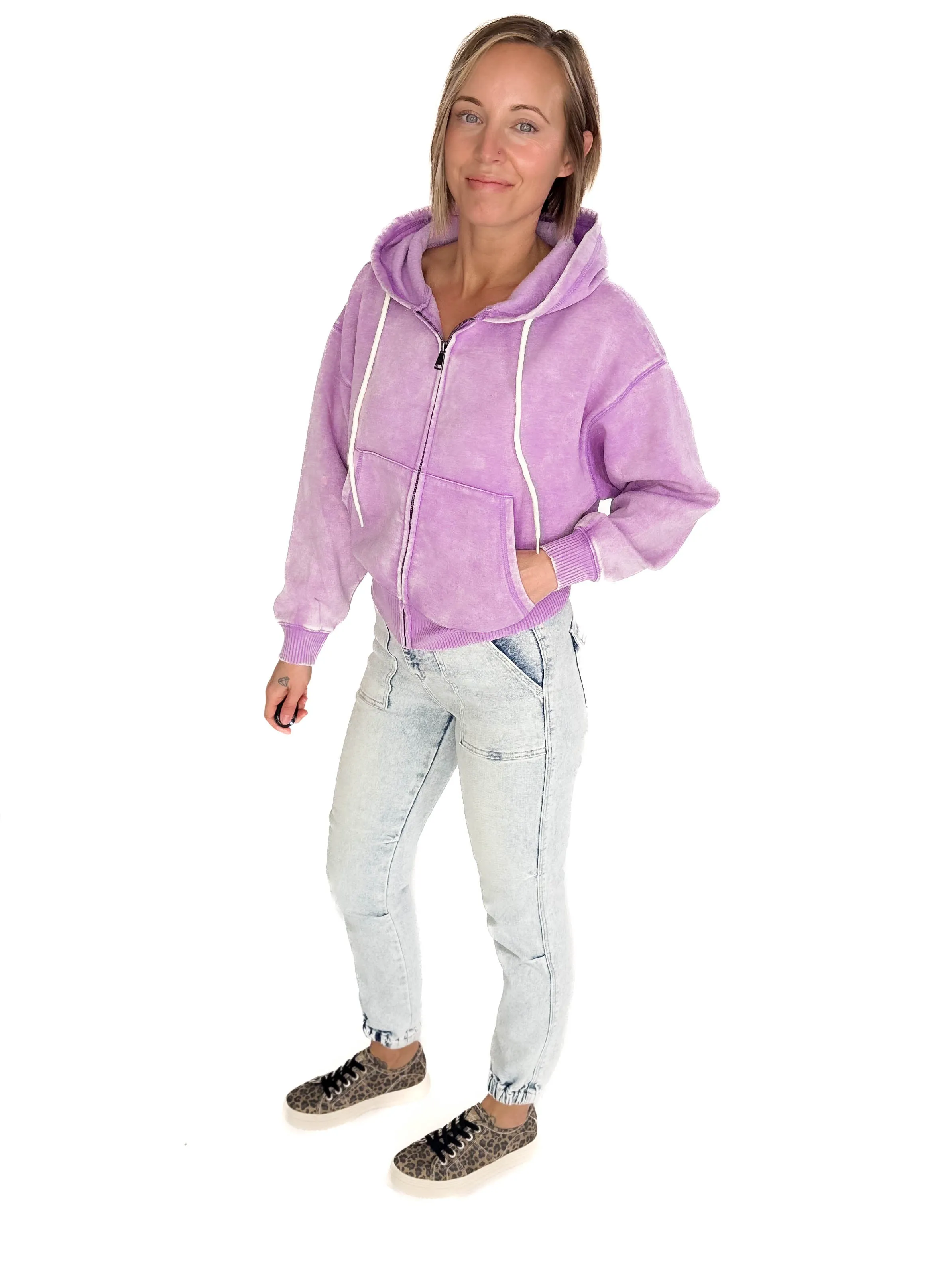 Zaylie Washed Waist Length Full Zip- LAVENDER