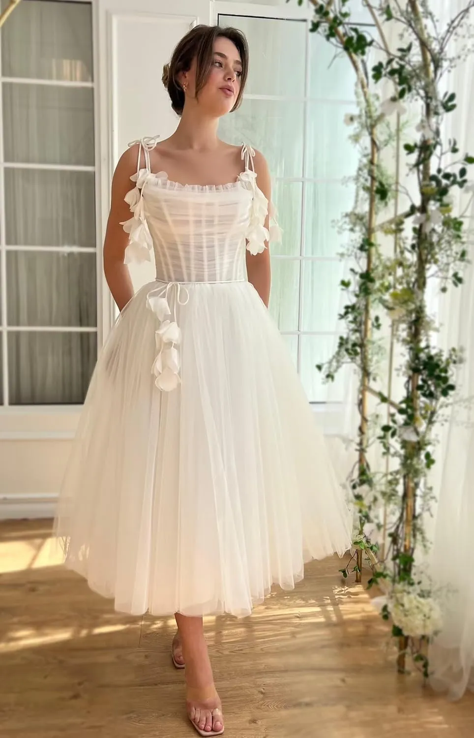 Zepumen 3D Flower Tulle Prom Dresses 2025 Tea Length Spaghetti Straps Formal Evening Party Gowns with Pockets