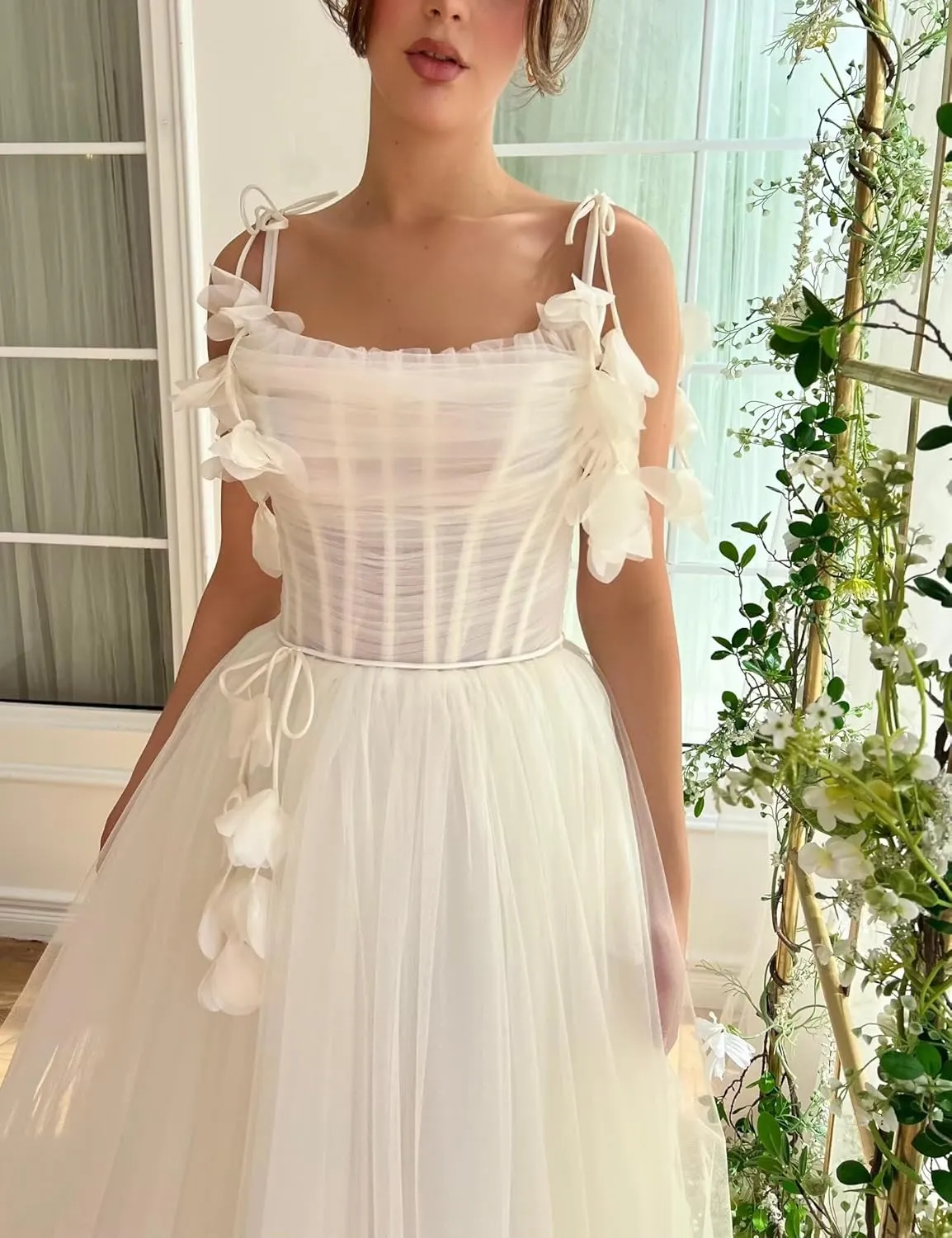 Zepumen 3D Flower Tulle Prom Dresses 2025 Tea Length Spaghetti Straps Formal Evening Party Gowns with Pockets