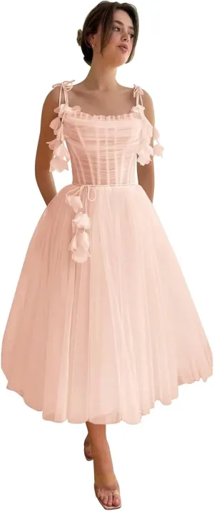 Zepumen 3D Flower Tulle Prom Dresses 2025 Tea Length Spaghetti Straps Formal Evening Party Gowns with Pockets