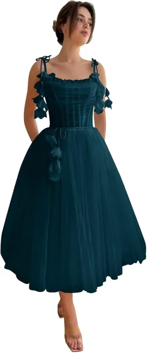 Zepumen 3D Flower Tulle Prom Dresses 2025 Tea Length Spaghetti Straps Formal Evening Party Gowns with Pockets