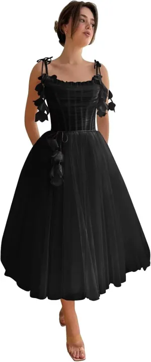 Zepumen 3D Flower Tulle Prom Dresses 2025 Tea Length Spaghetti Straps Formal Evening Party Gowns with Pockets