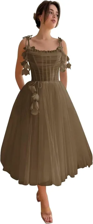 Zepumen 3D Flower Tulle Prom Dresses 2025 Tea Length Spaghetti Straps Formal Evening Party Gowns with Pockets