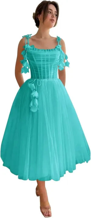 Zepumen 3D Flower Tulle Prom Dresses 2025 Tea Length Spaghetti Straps Formal Evening Party Gowns with Pockets