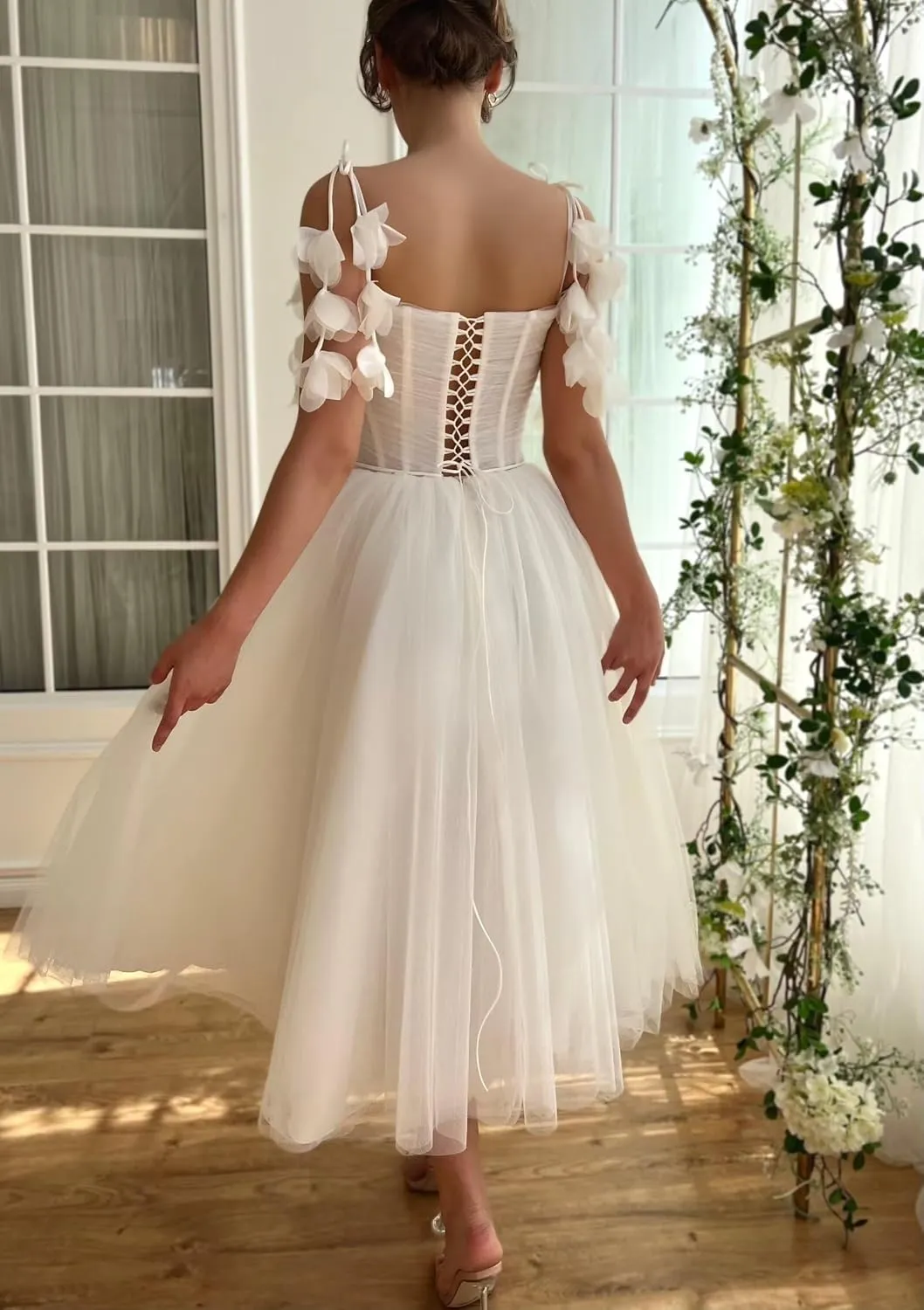 Zepumen 3D Flower Tulle Prom Dresses 2025 Tea Length Spaghetti Straps Formal Evening Party Gowns with Pockets