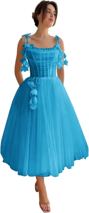 Zepumen 3D Flower Tulle Prom Dresses 2025 Tea Length Spaghetti Straps Formal Evening Party Gowns with Pockets