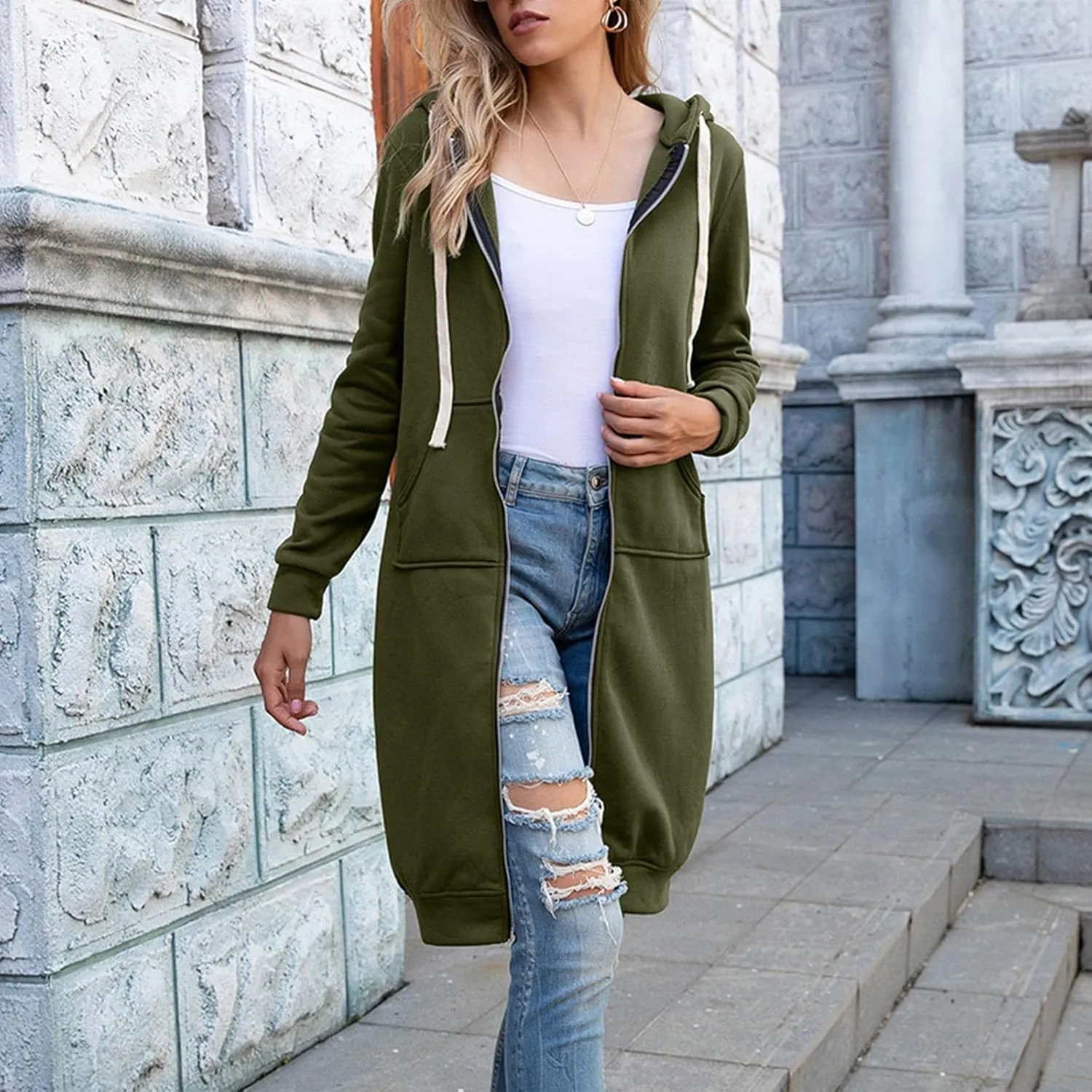 Zip up Hoodie Women Oversized Fall Winter Jacket Fleece Tunic Coats with Pockets Drawstring Outerwear