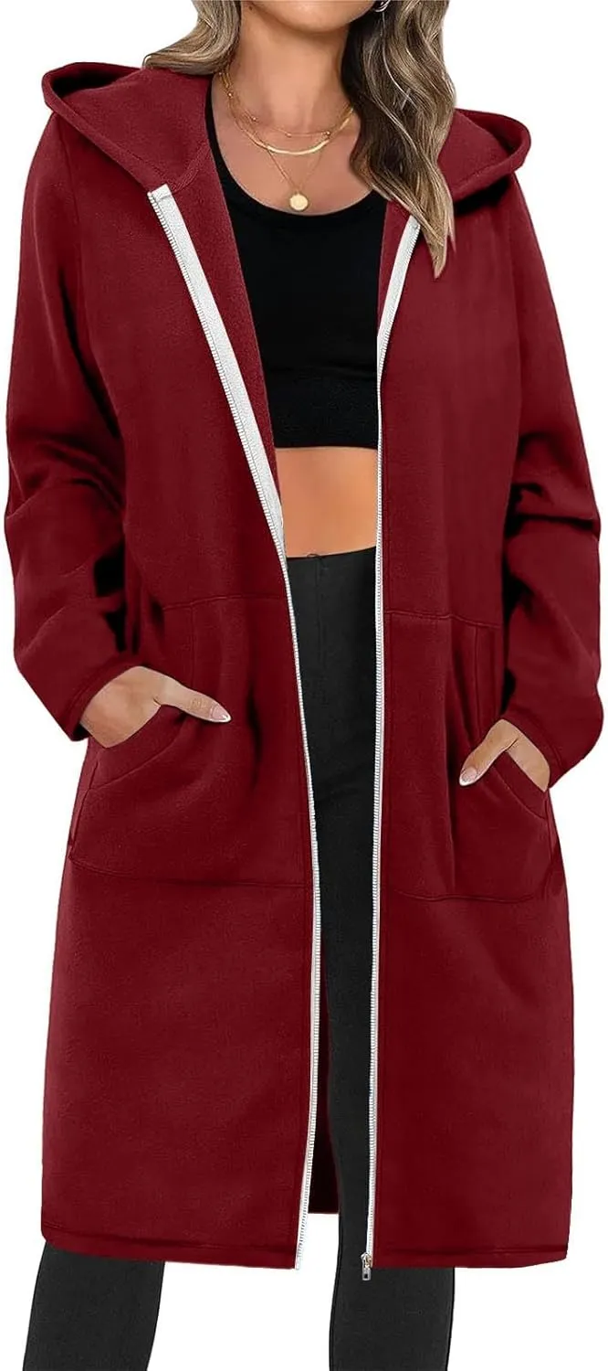 Zip Up Hoodies for Women Oversized Long Sleeve Sweatshirts Casual Fleece Hooded Coat Fall Long Jacket with Pockets