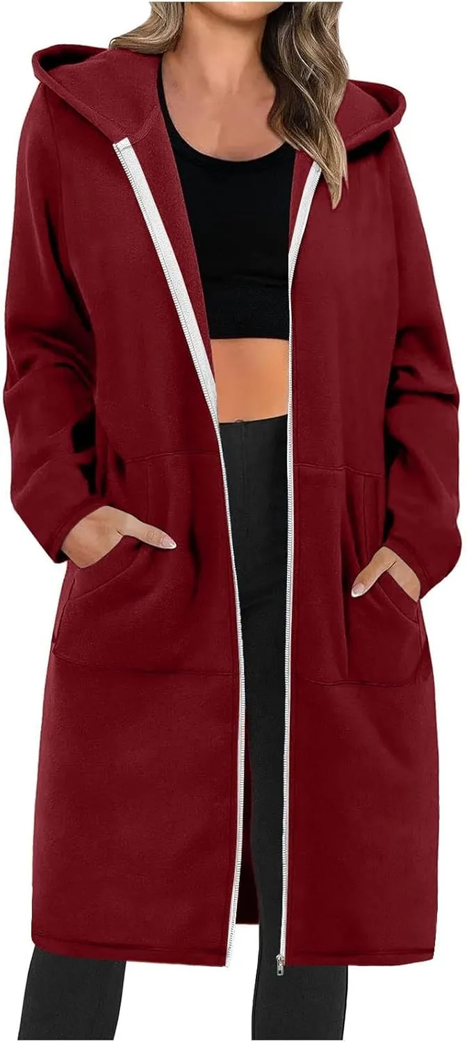 Zip Up Hoodies for Women Oversized Long Sleeve Sweatshirts Casual Fleece Hooded Coat Fall Long Jacket with Pockets